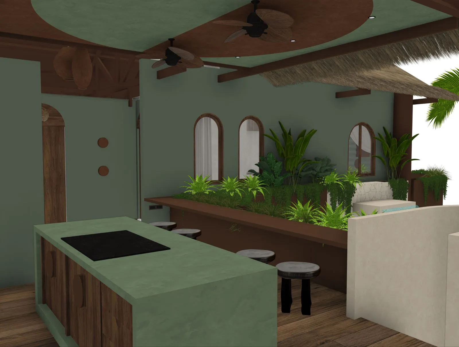 Design rendering of the communal kitchen with a green island, warm wood and planters