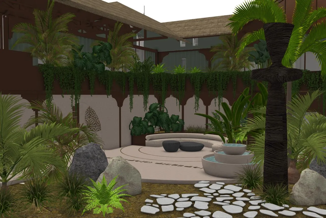 Design rendering of a shaded courtyard lounge with stone paths, tropical plants and outdoor seating