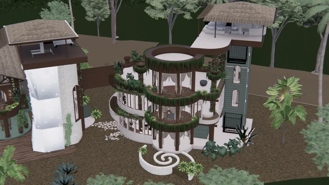Design rendering of Elevate's vertical container towers beside a tiered garden building in the jungle