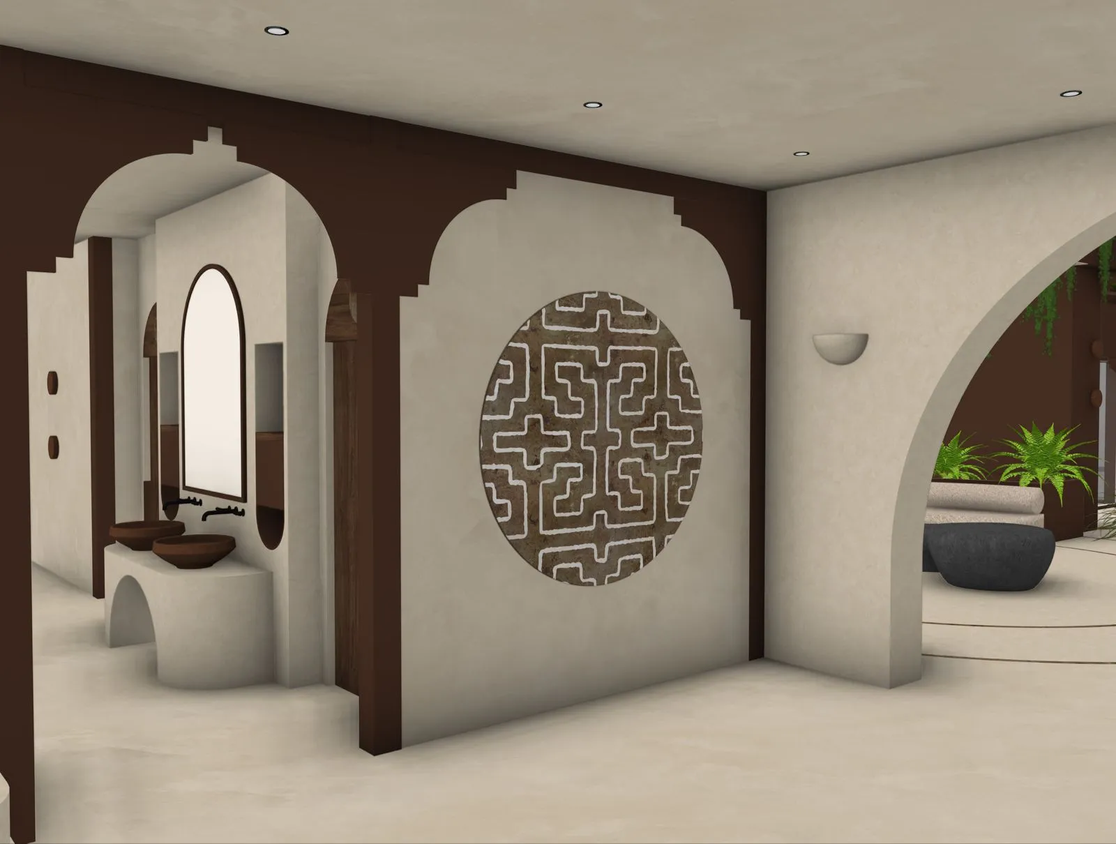 Design rendering of a guest room interior with arched doorways, warm wood and a carved round window