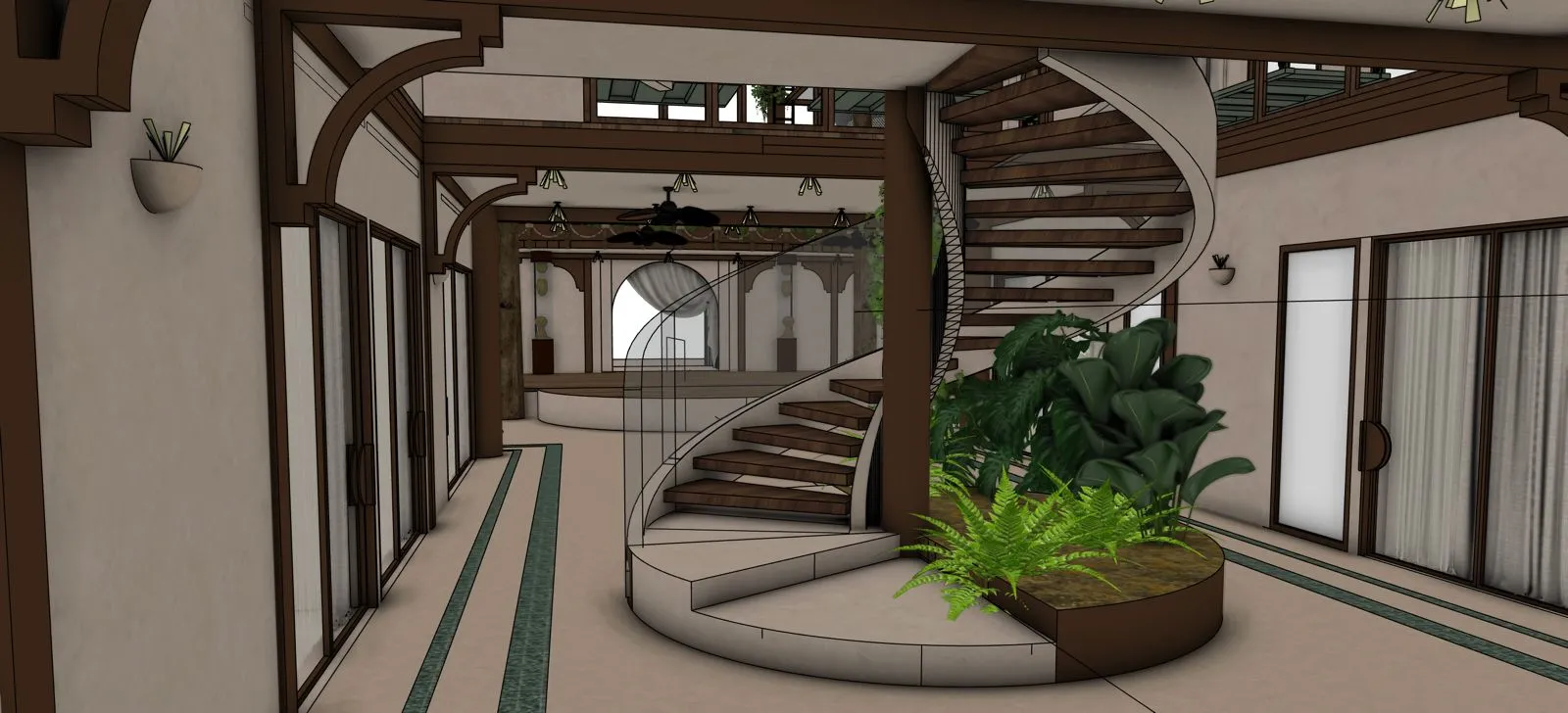 Design rendering of a long indoor lounge and work area with a spiral staircase and planters
