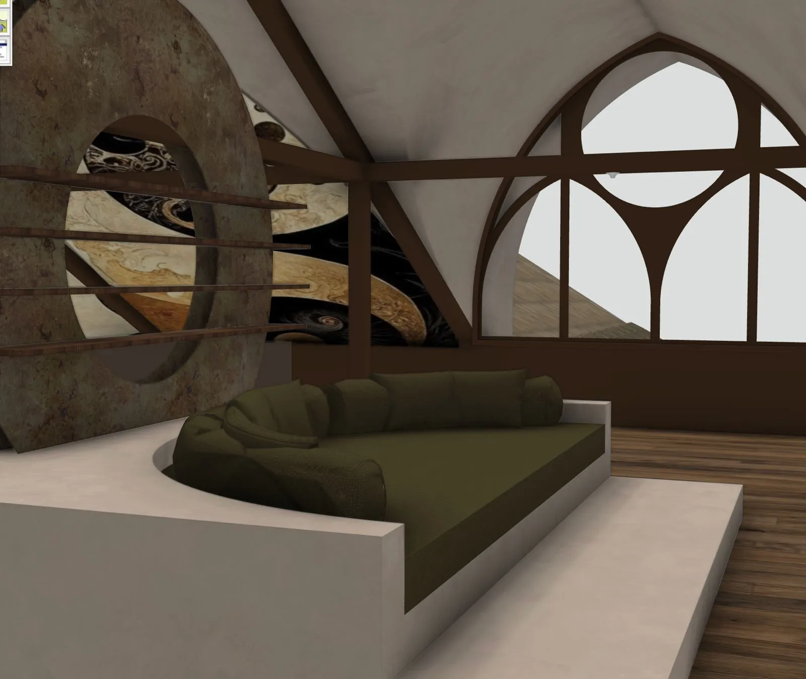 Design rendering of a tower room lounge with a curved sofa and a gothic arched window