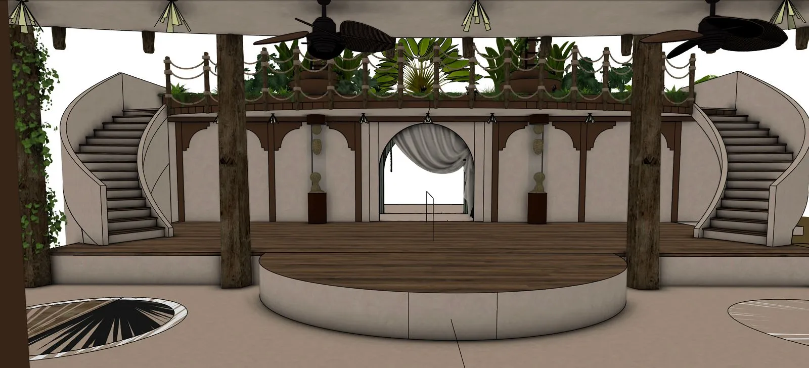 Design rendering of the stage hall with twin curved staircases and ceiling fans