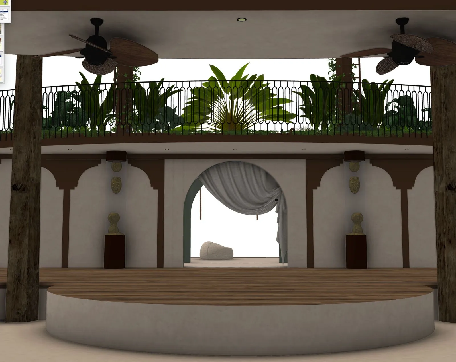 Design rendering of the two-tier performance stage with an arched backdrop and planted balcony above